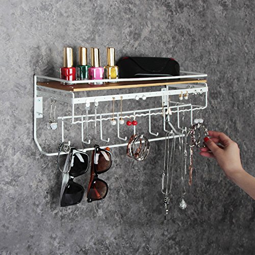 JackCubeDesign Hanging Jewelry Organizer Necklace Hanger Bracelet Holder Wall Mount Necklace Organizer with 9 Hooks and Bamboo Support(White,16.9 x 5.9 x 7.1 inches) - :MK237B