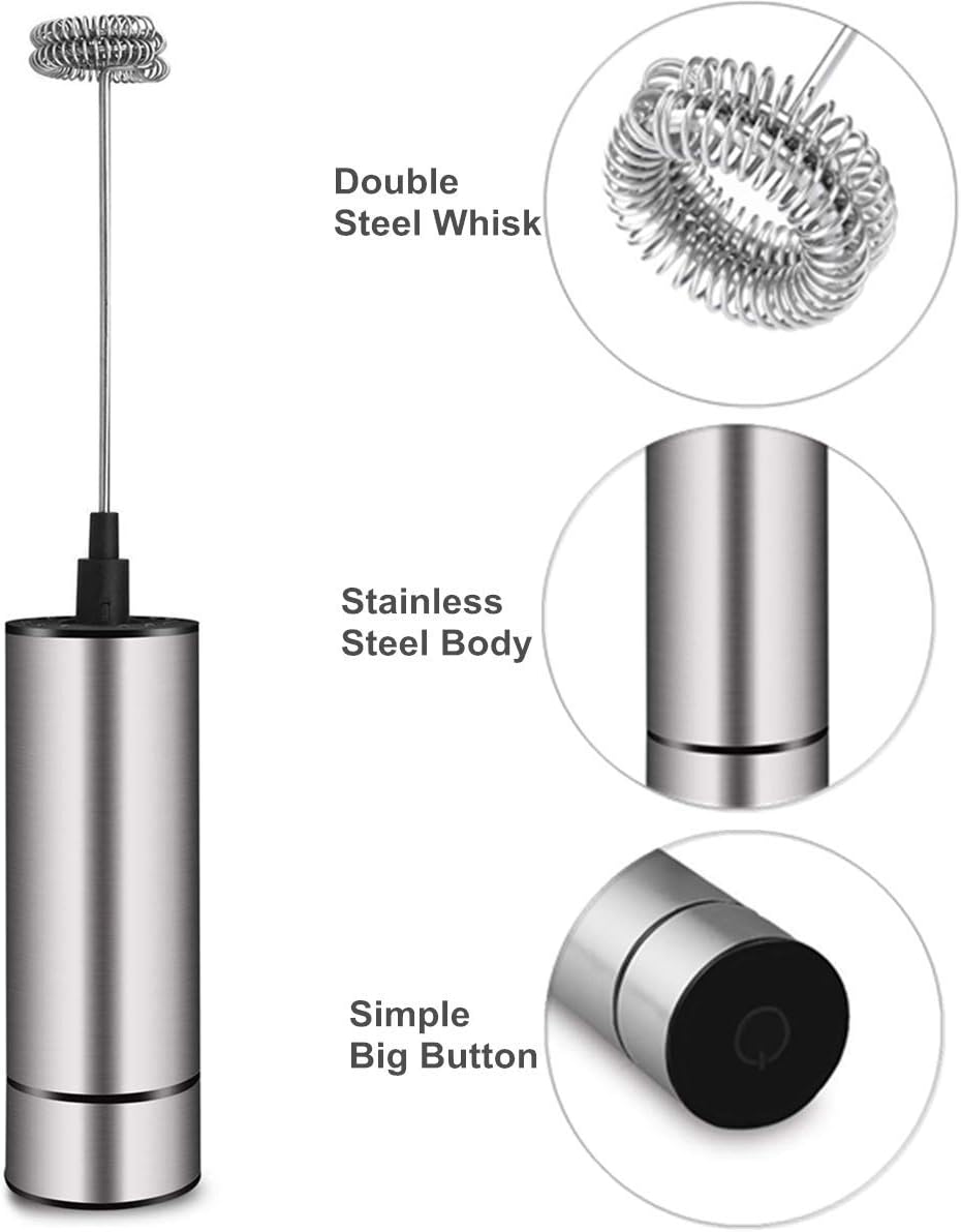 Milk Frother Handheld Battery Operated, Coffee Frother for Milk Foaming, Latte/Cappuccino Frother Mini Frappe Mixer for Drink, Hot Chocolate, Stainless Steel Silver: Kitchen & Dining
