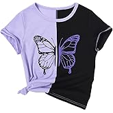 SOLY HUX Girl's Color Block Butterfly Print Tee Short Sleeve Summer T Shirt Tops