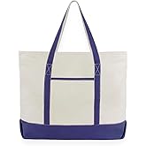 Extra Large Heavy Duty Canvas Tote Bag - 22 Inches Wide, Zipper Top, Sturdy, Double Stitched, 100% Cotton, Reusable, Washable - Perfect for Picnic, Grocery, Beach, and Shopping Bag (Navy Blue)
