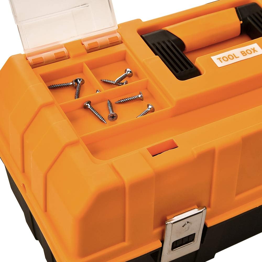 17-Inch Multi-Purpose 3-Layer Toolbox with Tray and Dividers, Household Plastic Tool Organizers, Orange Folding Storage Box - - 