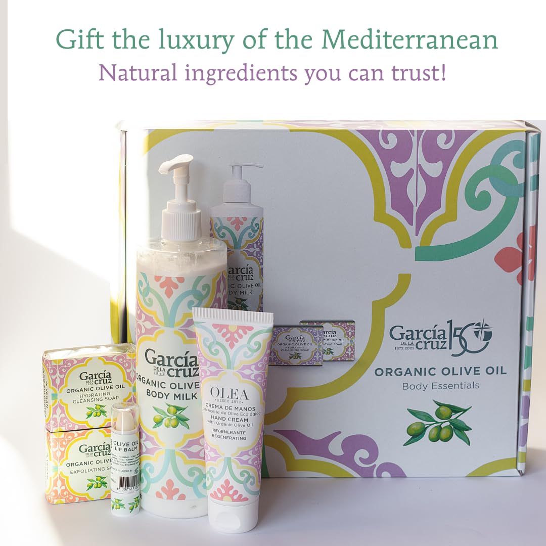 Olive Oil Body Essentials Kit by Garcia de la Cruz Extra Virgin Olive Oil Infused Skin Care Gift Set includes Body Milk, Lip Balm, Hand Cream, and 2 Soaps
