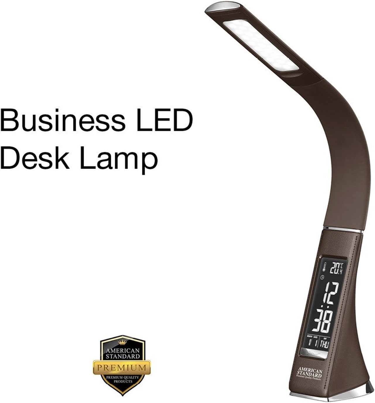 American Standard PQP Business LED Desk Lamp | LCD Screen Time, Temperature & Date Display | Sleek, Adjustable Gooseneck & Sturdy Base | Office Lamp For Reading, Surfing, College & More
