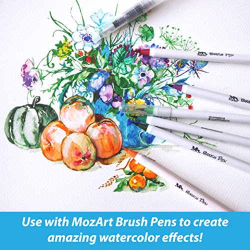 Water Brush Pens - Set of 6 brush tips - Perfect to use with watercolor paints, water soluble pencils, brush pens, markers - Blends with water - Convenient - Aqua Pen - MozArt Supplies