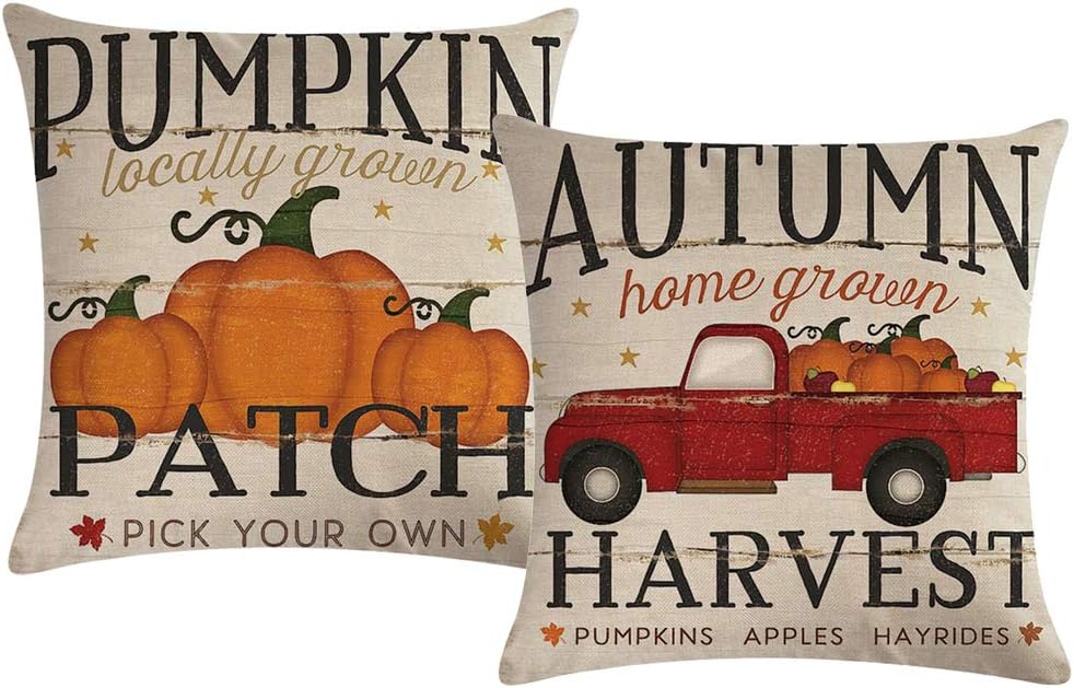 ULOVE LOVE YOURSELF 2pack Pumpkin Patch Throw Pillow Covers Autumn Harvest with Vintage Red Truck Farmhouse Decorative Cushion Covers Pillowcases,18×18 Inches