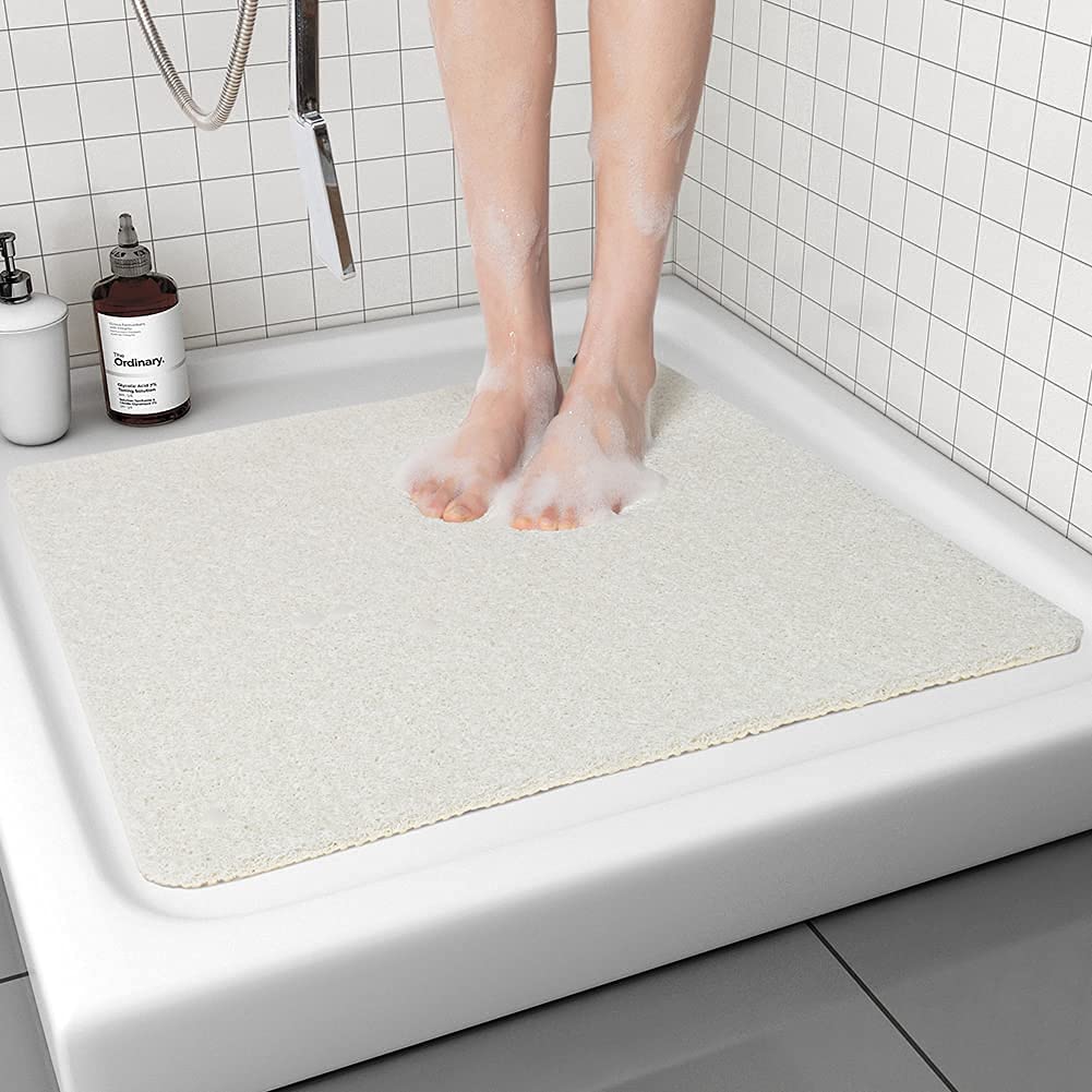 Square Shower Mat, Non Slip Anti Mould Bath Mat 53 x 53 cm, Loofah Shower Mats for Inside Shower, Washable Bath Mats with Drain, Bath Mat for Bathroom Floor, Bathtub Mat for Elderly, Quick Dry (White)