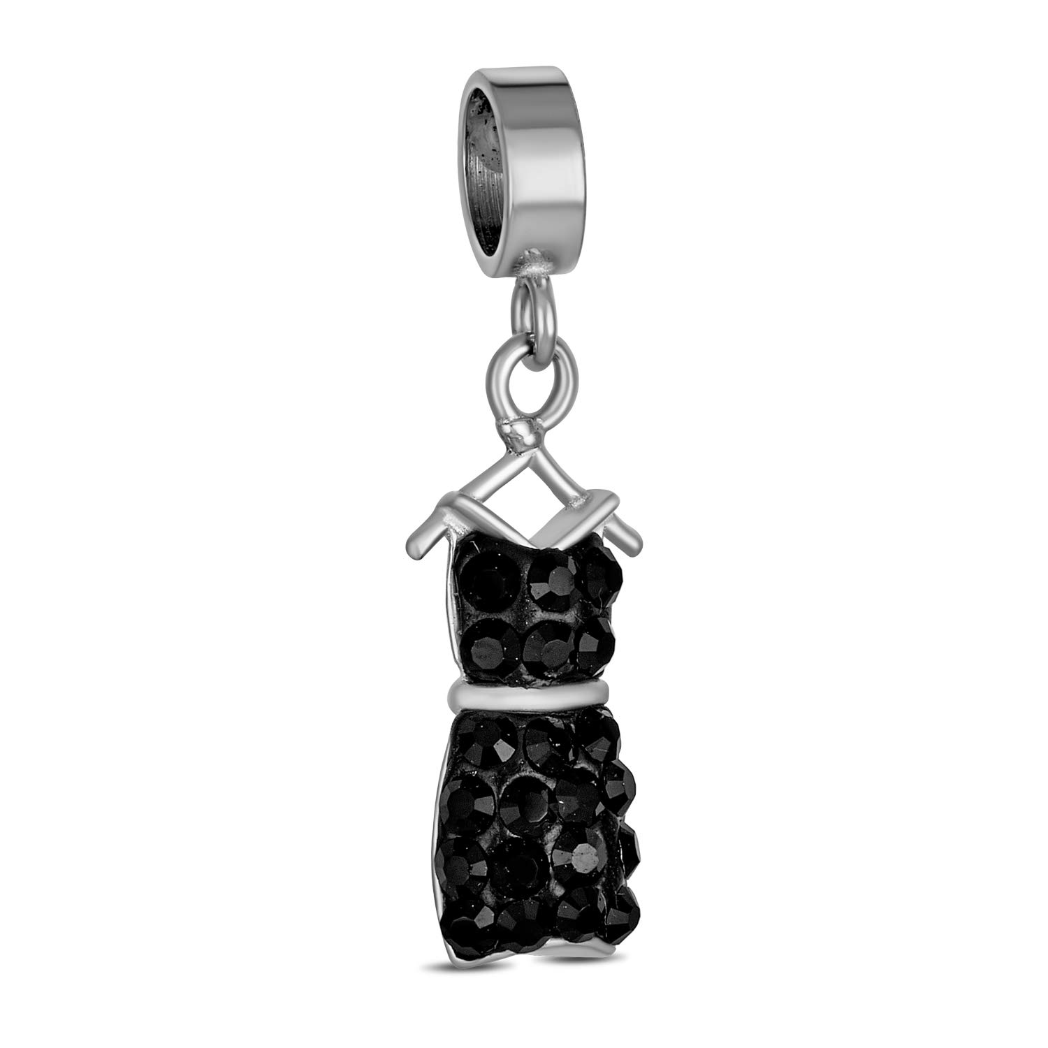 Bling Jewelry Fashion Crystal Cocktail Party Little Black Dress Dangle Charm Bead For Women For Teen .925 Sterling Silver Fits European Bracelet