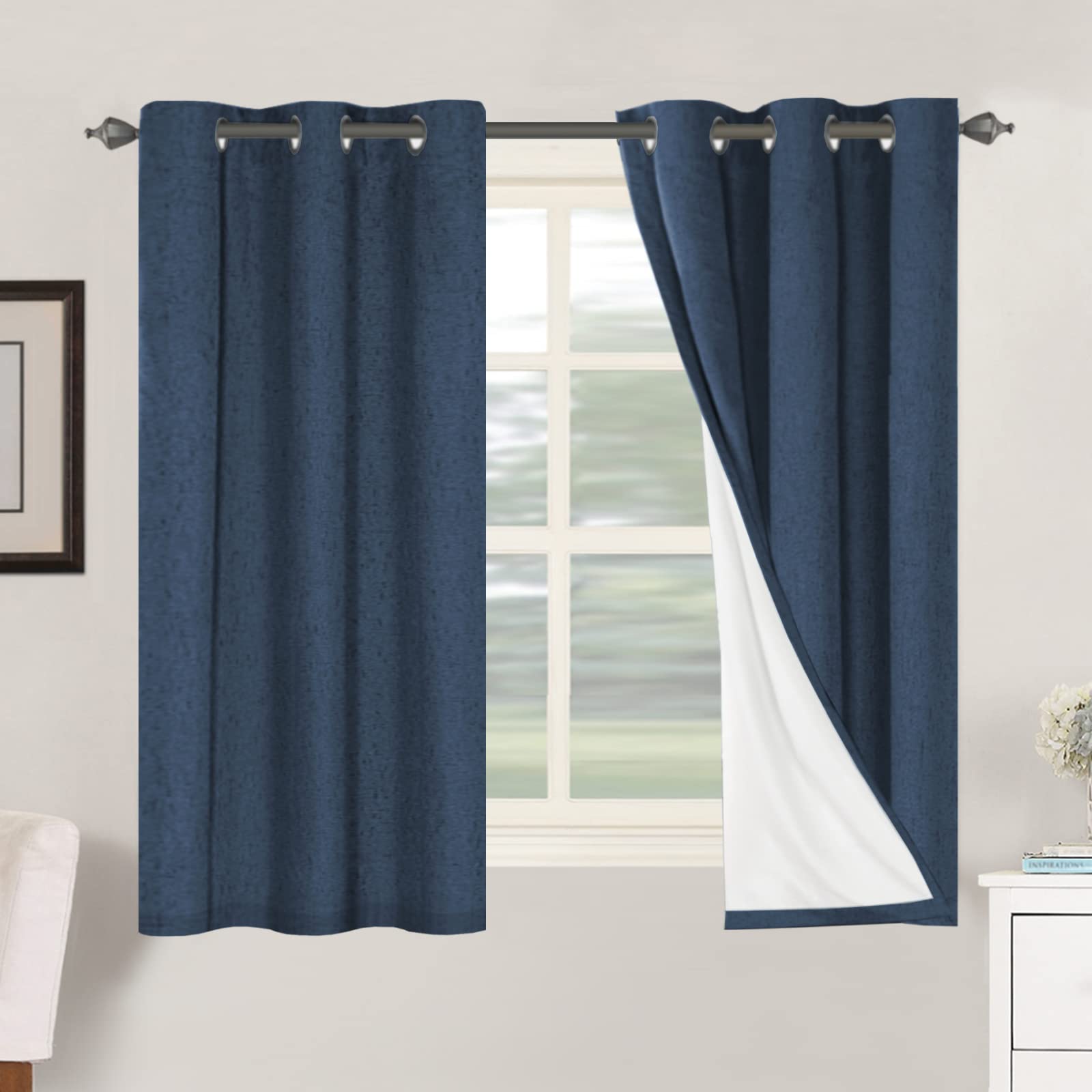 BellaHills 100% Blackout Curtains Faux Linen Eyelet Curtains for Bedroom Living Room Thermal Insulated Burlap Eyelet Curtain & Drapes 2 Panels, 46 x 54 Inch, Navy