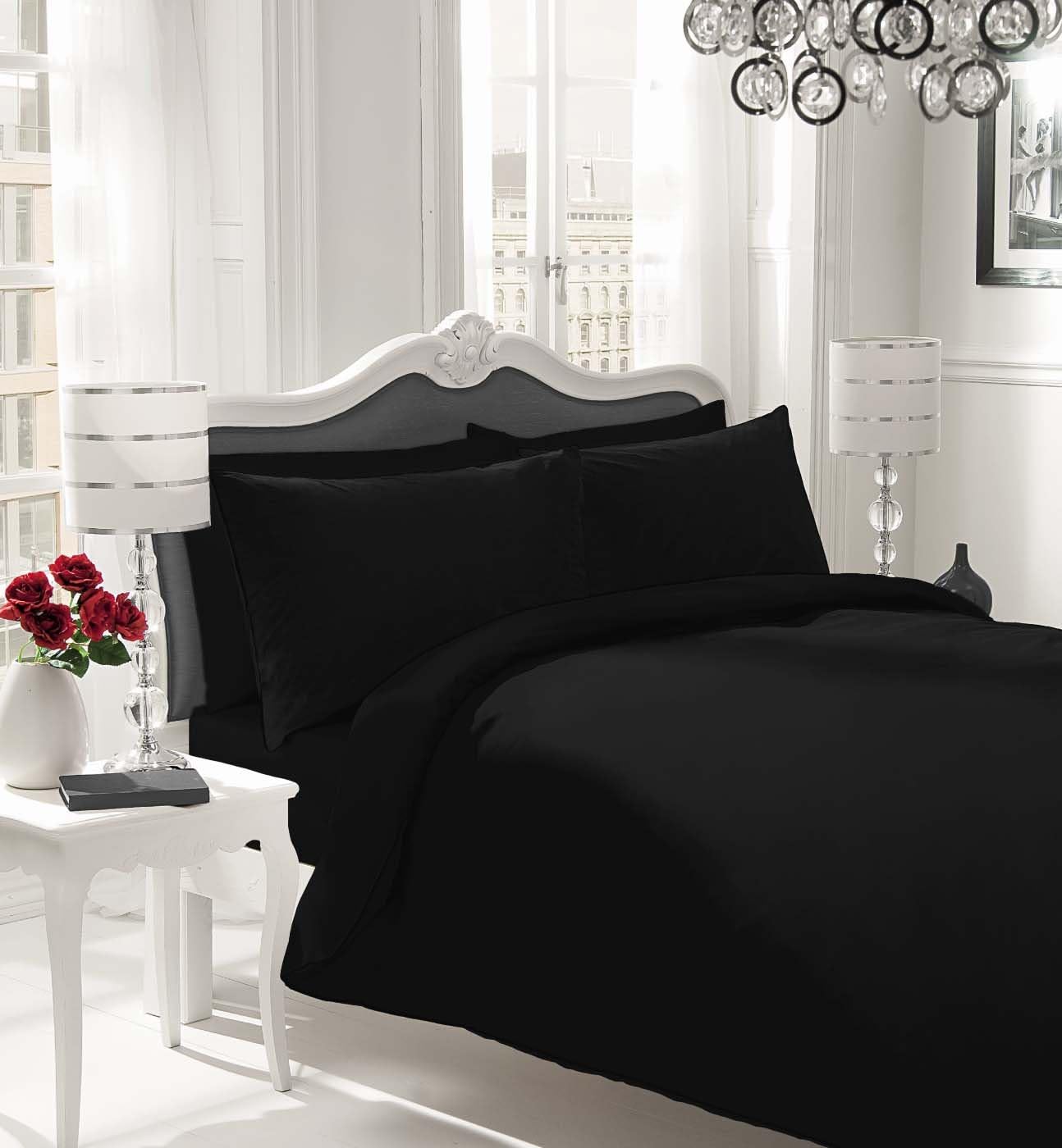 NON IRON LUXURY PERCALE Hotel Quality Easy Care Polycotton Duvet Set with PillowCases - 180 Thread Count - 18 (SuperKing - Black)