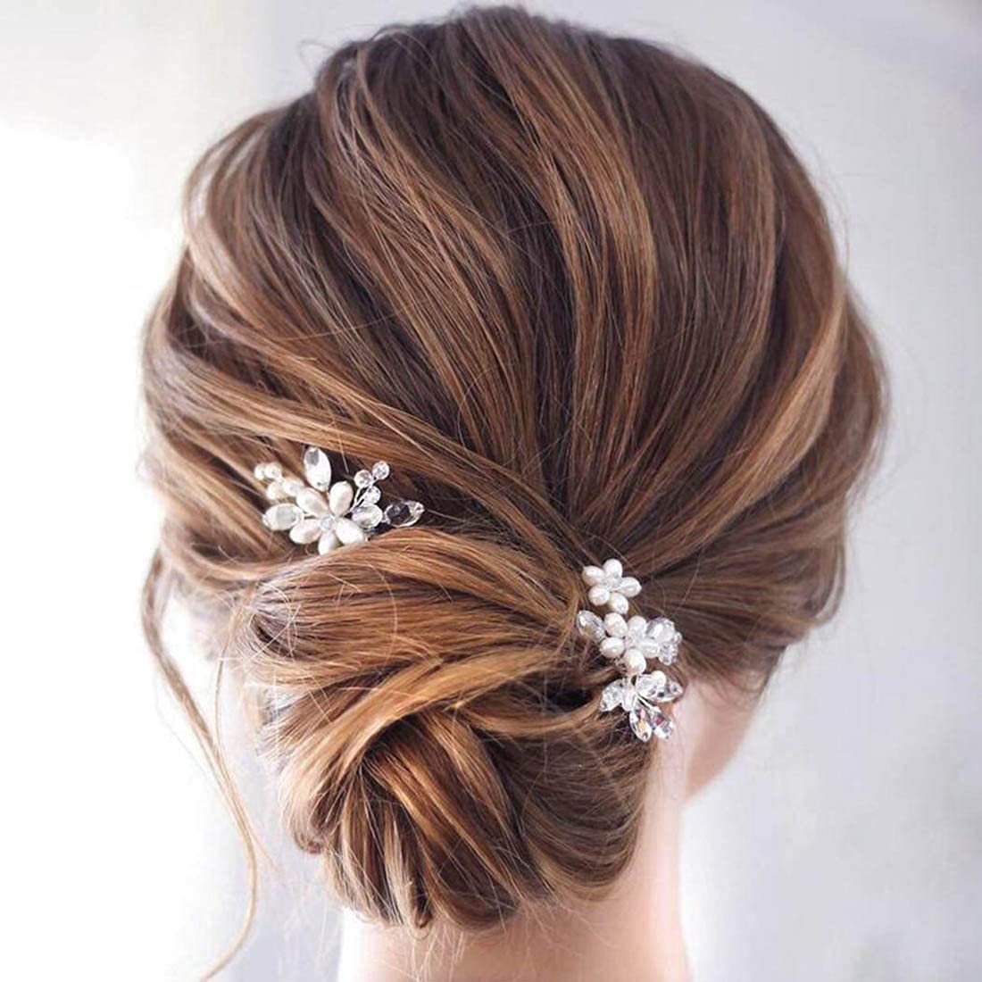 Prosy Bride Wedding Flower Hair Pins Silver Bridal Crystal Hair Clips Pearl Floral Headpieces for Women and Girls (Pack of 2)