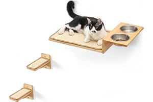 FUKUMARU Cat Wall Shelves, 3 in 1 Cat Wall Furniture Set, Cat Food Station with 2 Wall Steps, Solid Rubber Wood Cat Perch, Su