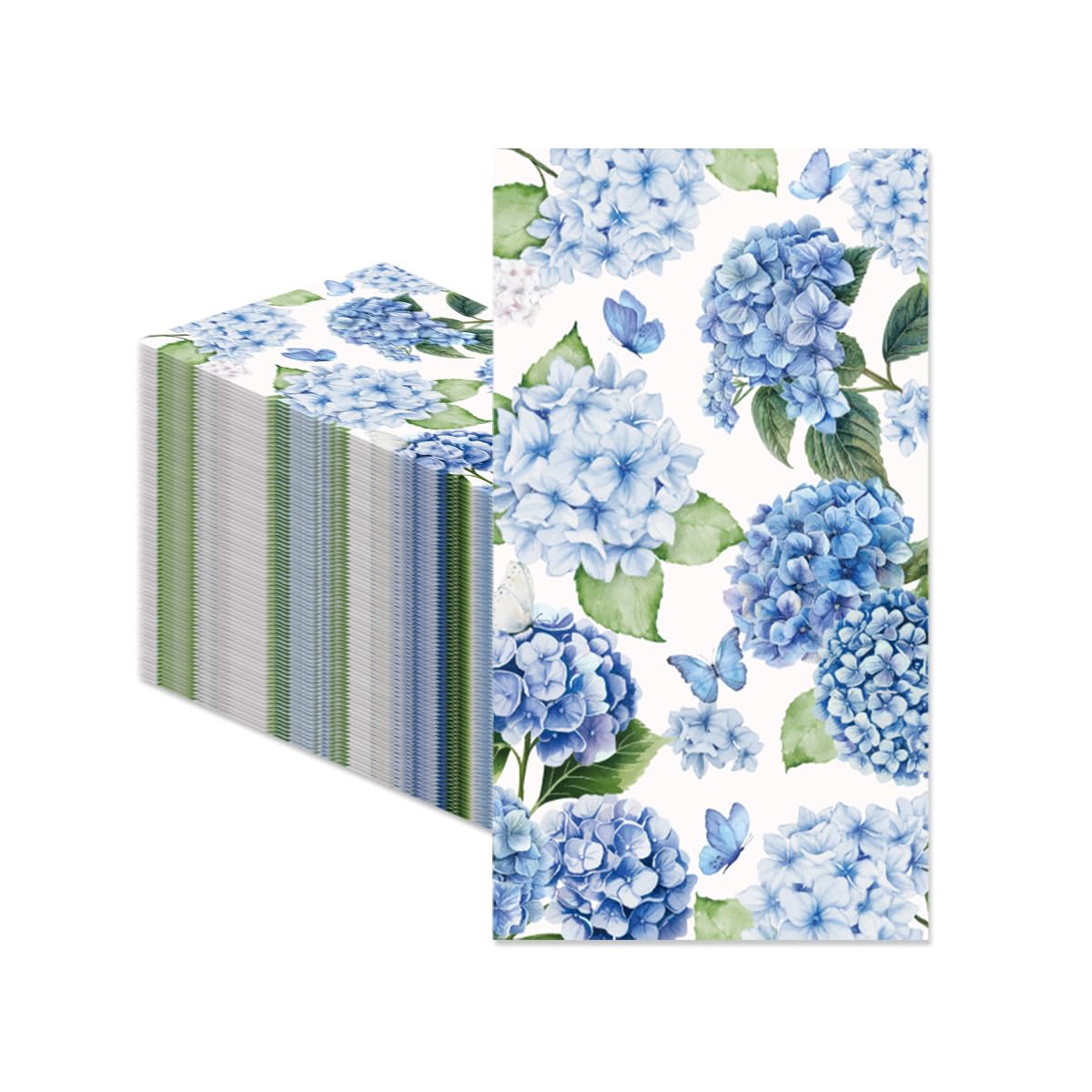 Photo 1 of 100Pcs Hydrangea Napkins - Watercolor Blue White Floral Butterfly Party Napkins Spring Theme Party Supplies Disposable Luncheon Dinner Napkins 7.8" x4.3" for Wedding Tea Party Bathroom Kitchen
