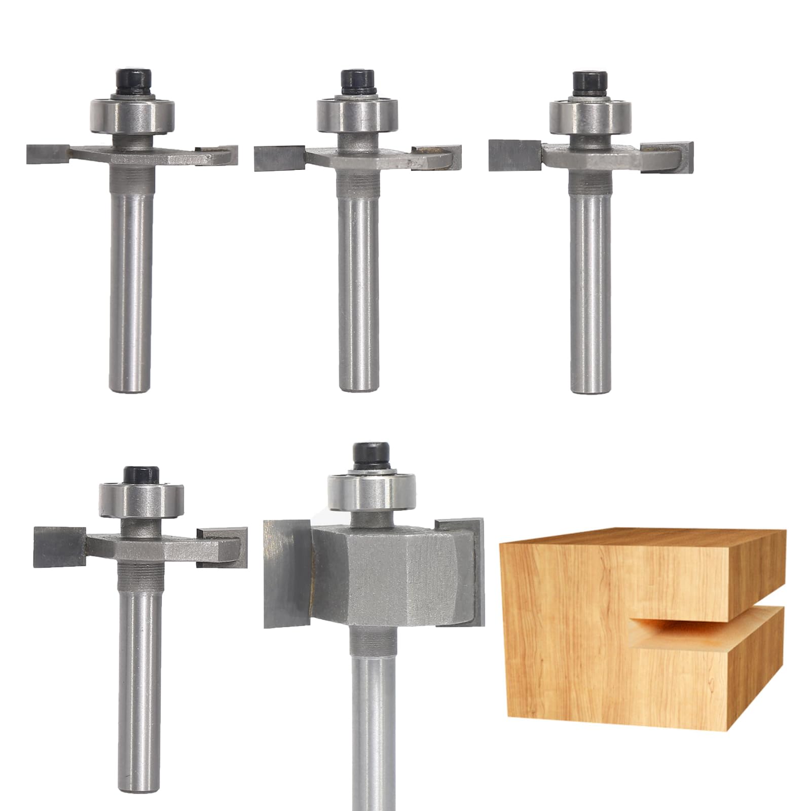 5Pcs T Slot Router Bit Set,1/4" Shank,Cutting Height 1/8",5/32",3/16",1/4" and 5/8",3/8" Deep T Trark Bit with Bearing,T-Slotting Cutter for Plywood Slotting,Grooving,Rebating