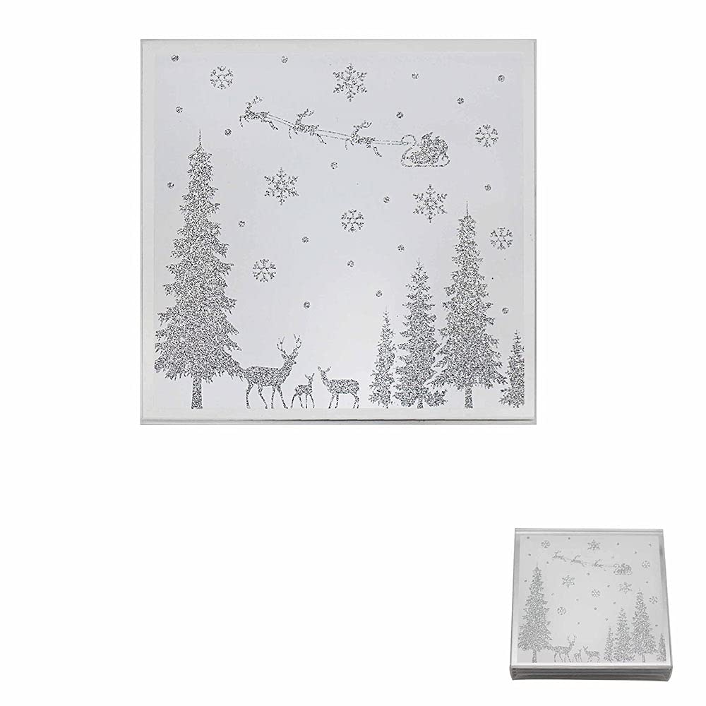 Christmas Set of 4 Glass Coasters Glitter Silver Woodland Design