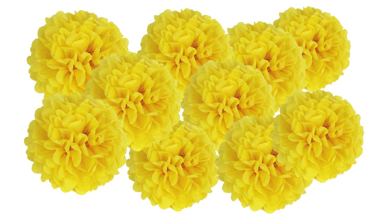 Pack of 10 Tissue Paper Flower Ball Pom pom Party Decoration Indoor Outdoor 6" 8" 10" 12" 14" (Yellow, 14")