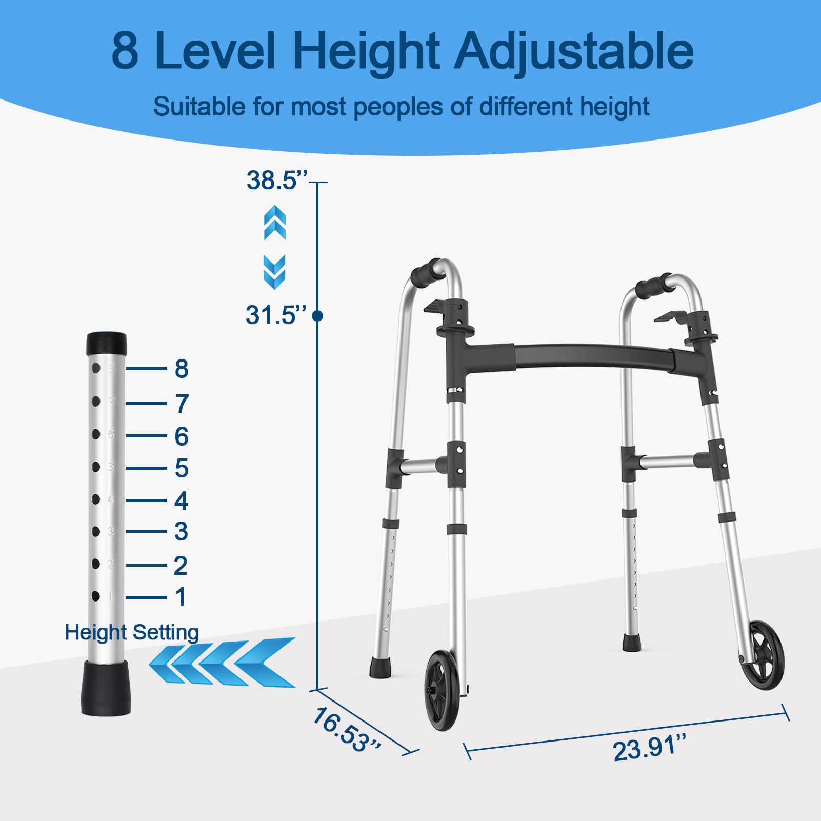 Loyoda Walkers for Seniors, Folding Walker with Ski Glides 5'' Front Wheel Medical Lightweight Walker Height Adjustable Aluminum Standard Walker for Handicap and Adults (Silver)