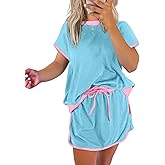 Pinclodly Two Piece Sets for Women Summer Casual Short Sleeve Tshirts and Drawstring Mini Skirts Vacation Lounge Sets