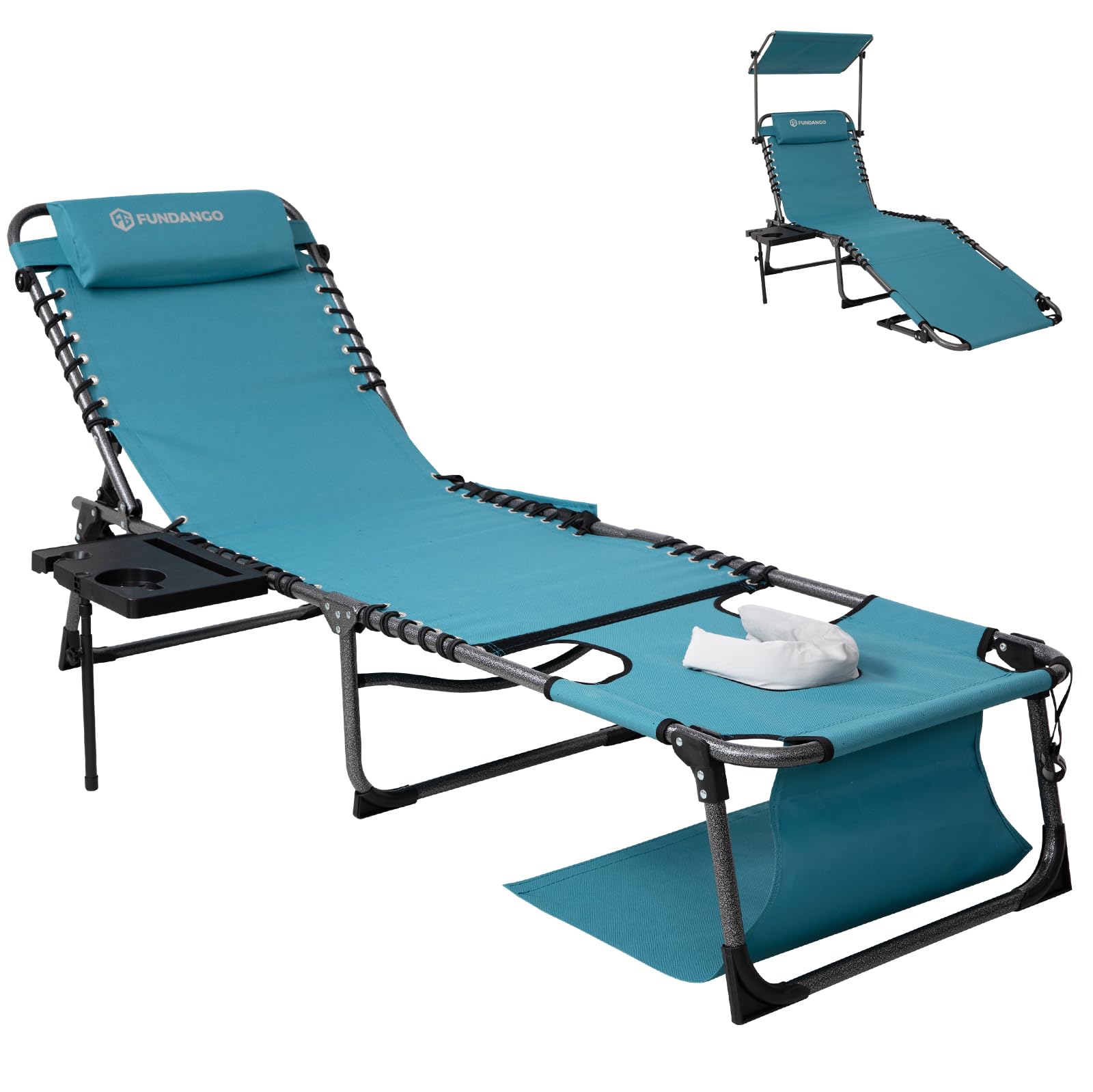 Photo 1 of FUNDANGO 4 in 1 Tanning Chair with Face Hole, Beach Lounge Chair w/Canopy Shade & Side Table Chaise Lounge Chairs for Patio, Pool, Lawn, Sunbathing, 5-Position Adjustable Sun Lounger, Cyan