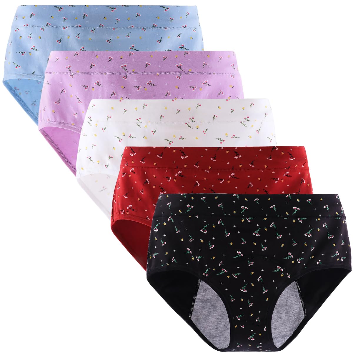 Yintry Period Underwear for Women Mid Waist Menstrual Panties Leakproof Brief for Light Flow 5PCS (Use with Pad or Tampon)