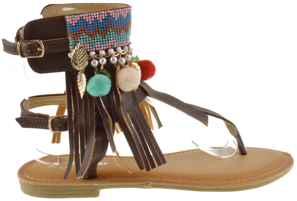 Festive 5 Womens Fringe Decorative Flat Gladiator Sandals - Image 3