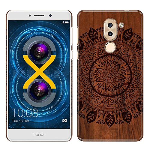 Huawei Honor 6X/ Mate 9 Lite 5.5 Case, Fincibo (TM) Back Cover Hard Plastic Protector, Full Black Leaf Mandala On Wood