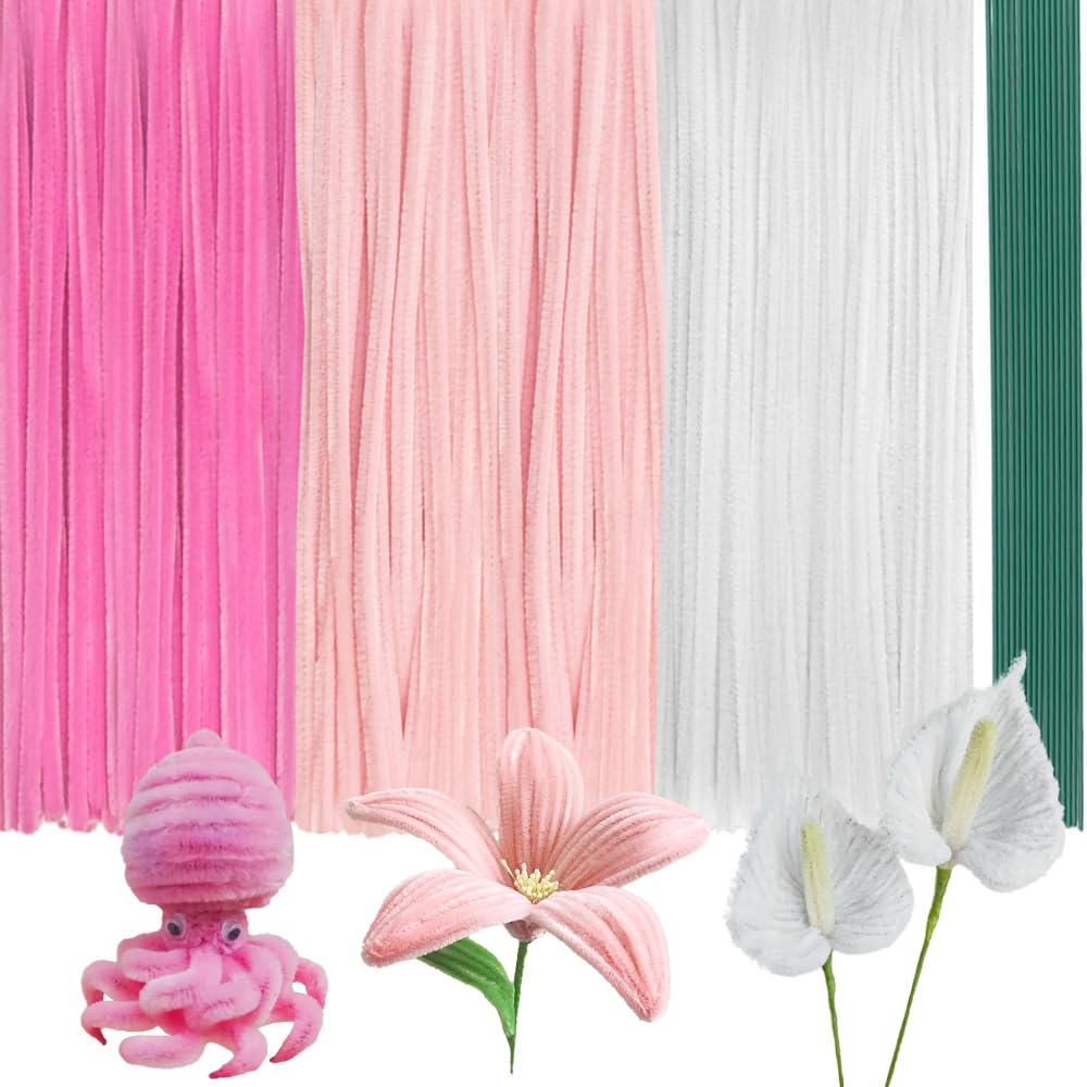 320 Piece Craft Kit - Pink & White Pipe Cleaners with Flower Making Supplies | Complete DIY Arts & Crafts Set | Party Decorations & Creative Projects