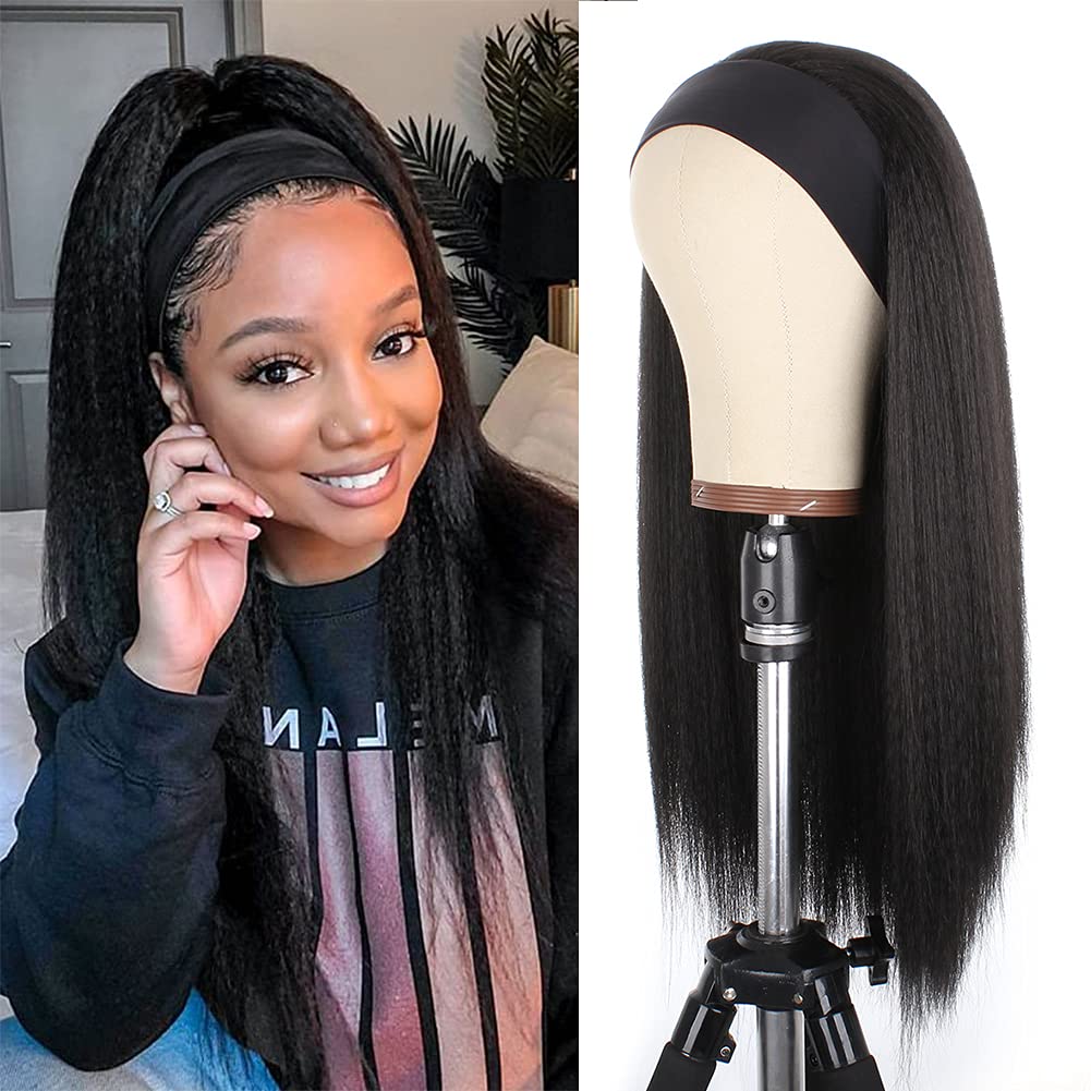 Xtrend 22Inch Yaki Straight Headband Wig for Women Long Black Afro Kinky Straight Wig Headband Synthetic Wigs Glueless None Lace Front Headbands Wigs with Headband Attached