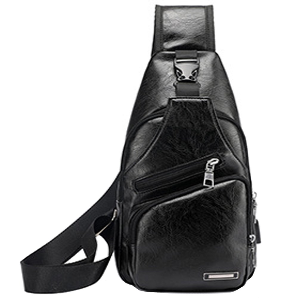 Rullar Waterproof Leather Sling Bags Chest Shoulder Crossbody Messenger Business Travel Hiking School Multipurpose Daypack Purse Backpack for Mens Womens Black