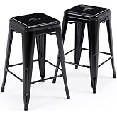 24 Inch Metal Bar Stools Set of 2, Stackable for Indoor Outdoor, Black | No Assembly, Waterproof &amp; Rustproof, 300LBS Capacity, Space-Saving Stackable, Backless, Easy to Move, Non-Slip Feet