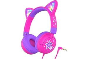 iClever Kids Headphones Cat Ear, LED Light Up, 85dBA Safe Volume, Stereo Sound Toddler Headphones for Travel School, Foldable 3.5mm Wired Kids Headphone for iPad Tablets, Meow Lollipop-Hot Pink