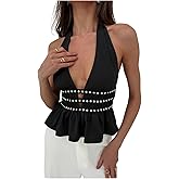Verdusa Sexy Going Out Tops for Women Y2k Beaded Halter Tops Ruffle Deep V Neck Sleeveless Clubwear