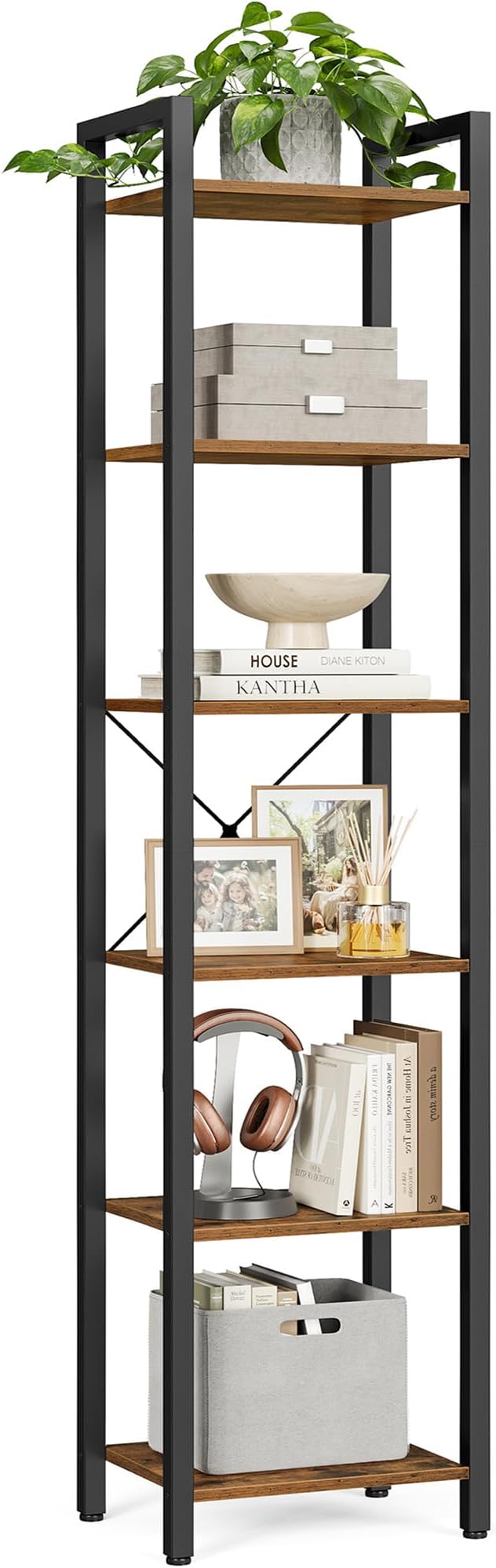 VASAGLE 6-Tier Bookshelf Rustic Brown and Ink Black 30 x 40 x 187.5 cm