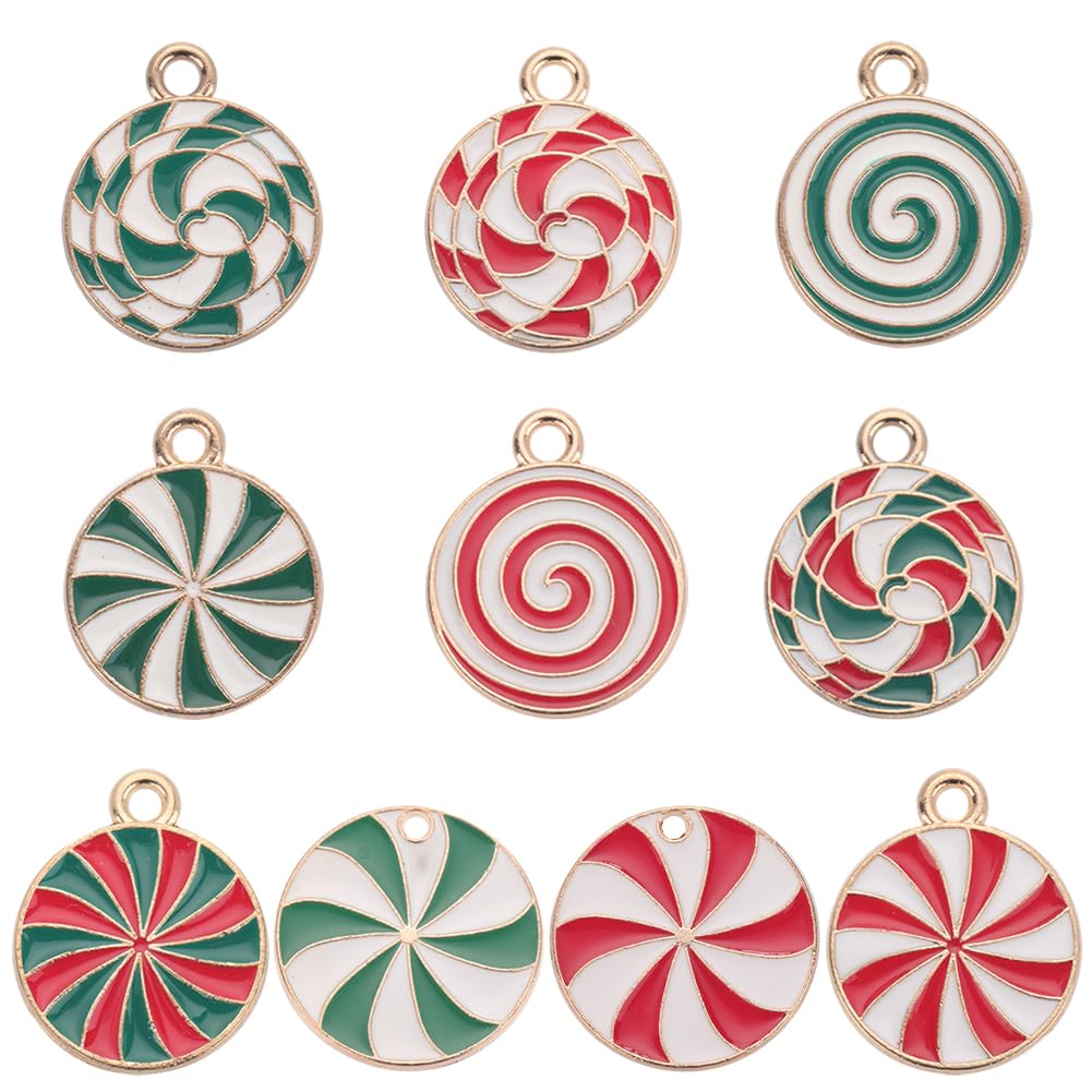 SUNNYCLUE 1 Box 40Pcs 10 Styles Candies Charms Christmas Candy Charms Bulk Flatback Round Holiday Charm Alloy Enamel Dangle Red Gold Plated Charm for jewellery Making Charms DIY Necklace Earring Adult