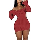 Sexy Off Shoulder Fuzzy Y2K Mini Dress for Women Strappy Backless Long Sleeve Party Club Birthday Dresses Date Night