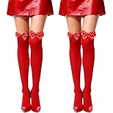Avxdbr 2 Pairs Red Thigh High Stockings with Satin Bow Christmas Knee High Socks with Red Bow Sexy Stockings for Woman