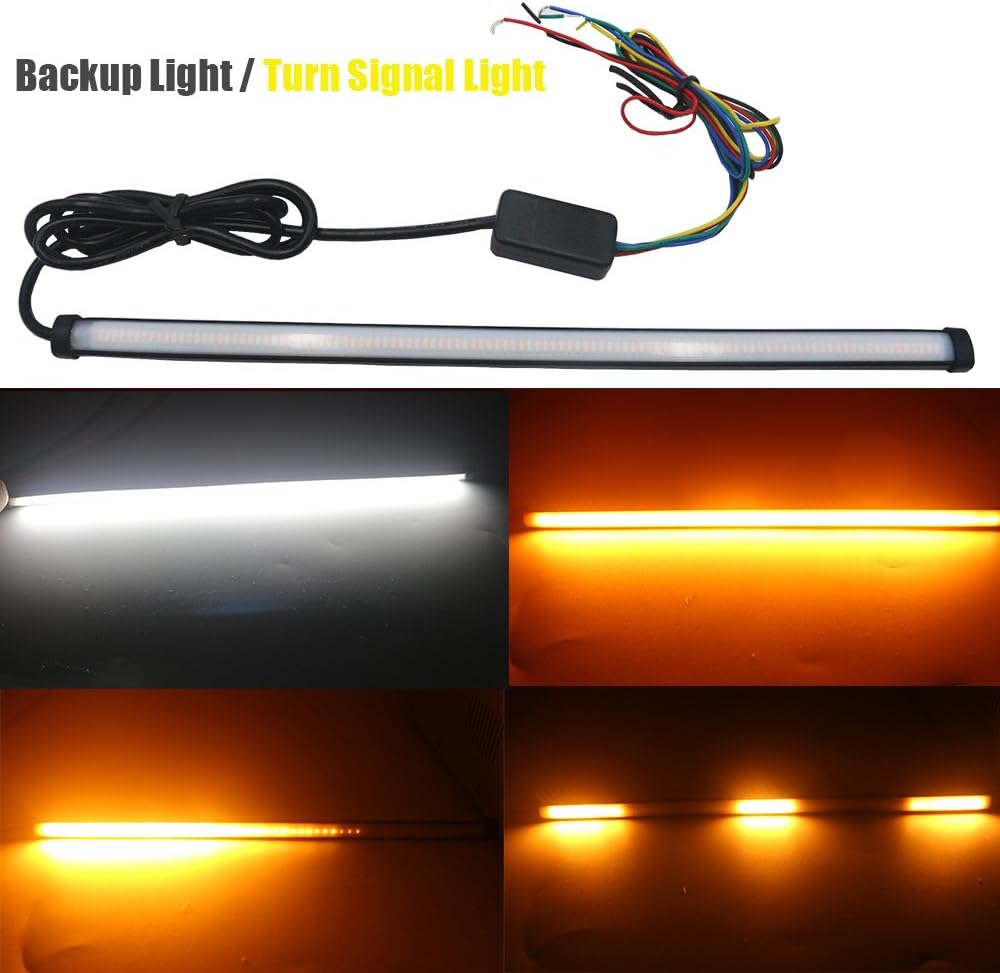 ALOPEE 1PC 30CM 11.8" Sequential Super Bright 12V Yellow White Waterproof Strip Dual Color 3014 106SMD LED Safety Mounting Backup Reversing Light Turn Signal Bulb for SUV Truck Motorcycle