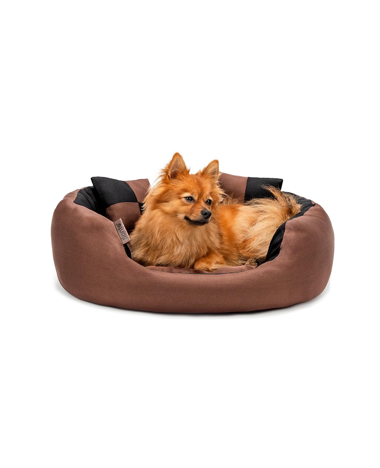 lionto Dog bed 4-in-1 with reversible cushion in Oxford, 65x50 cm, scratch-resistant pet bed with deep entry for cats and dogs, incl. decorative pillow, water-repellent, black/brown