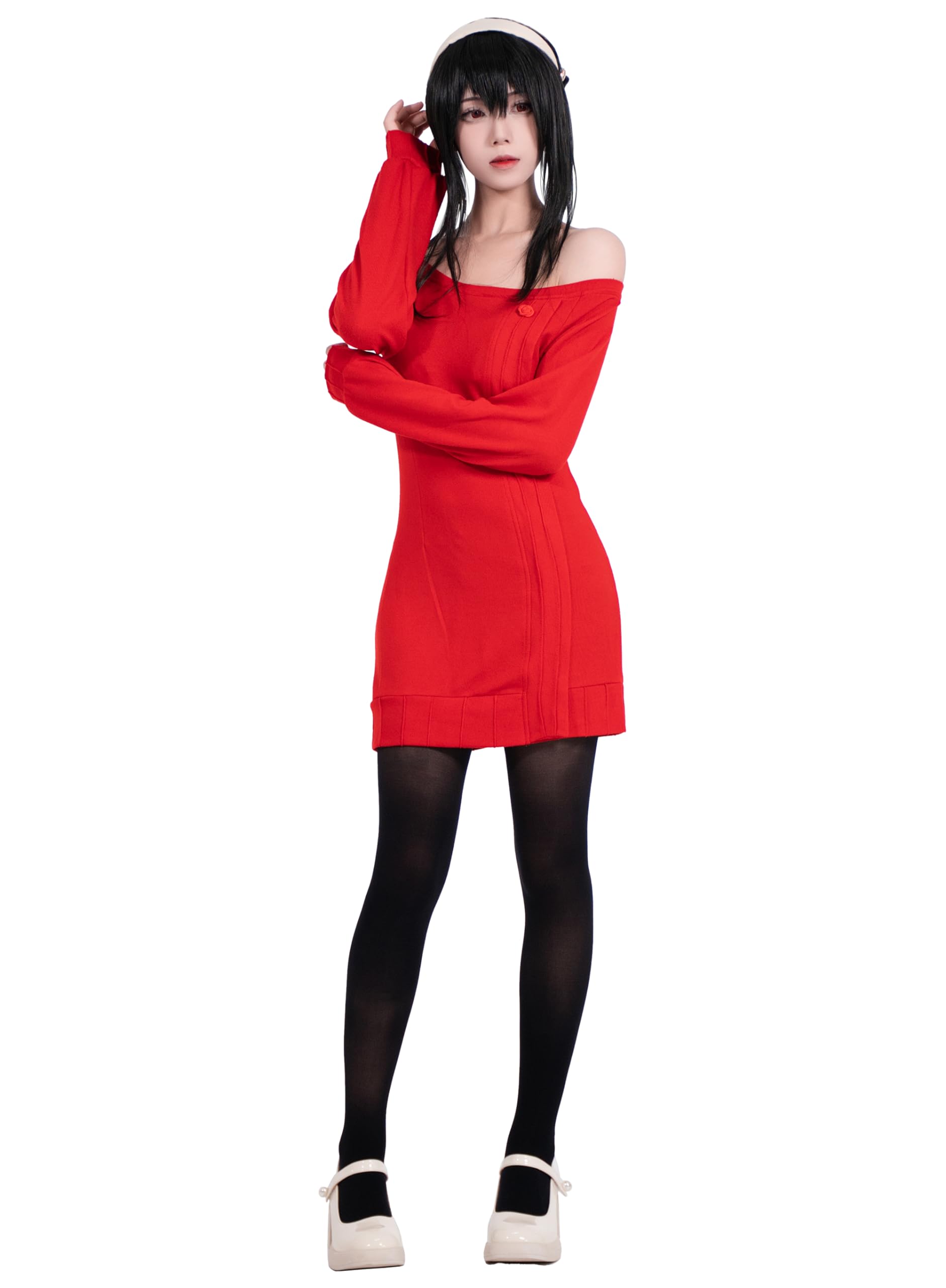 OSIAS Spy Family Yor Cosplay Outfit Yor Forger Yor Briar Thorn Princess Costume Sweater Dress(L), Yor Forger Red Sweater — image 1