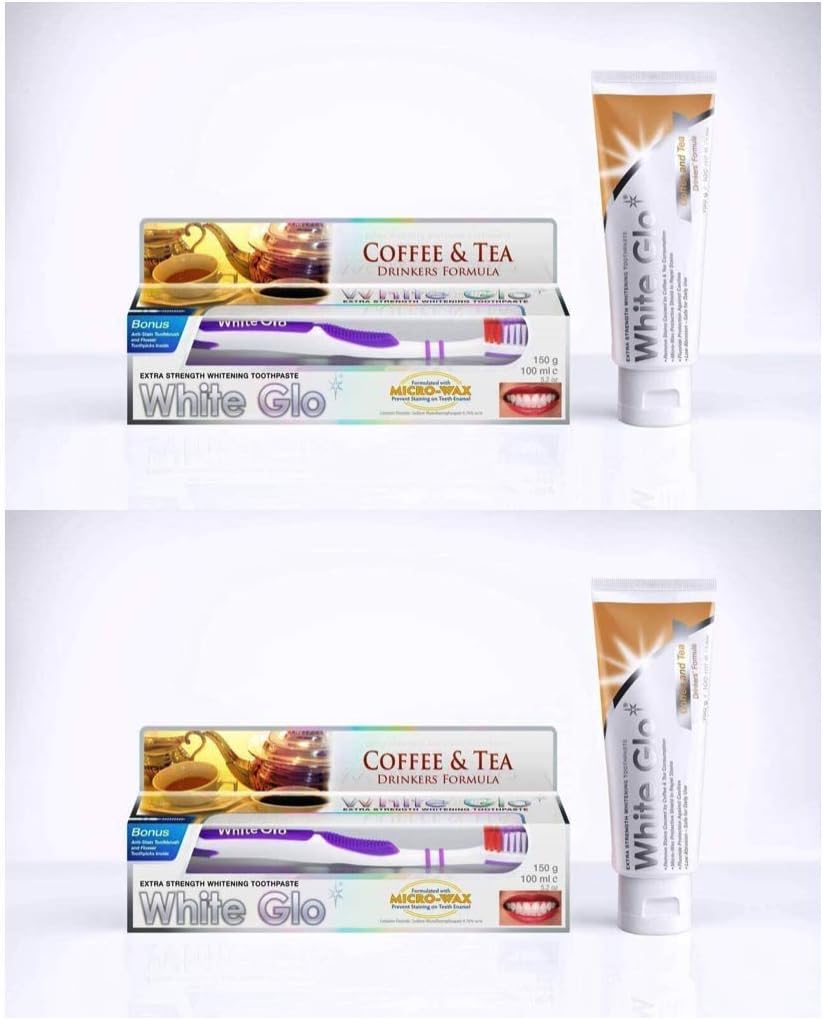 White Glo Premium Coffee & Tea Drinkers Formula Intense Extra Whitening Toothpaste & Toothbrush-100 ml (Pack of 2) with Sanitral 50 Pcs Dental Floss Stick Included as a Gift