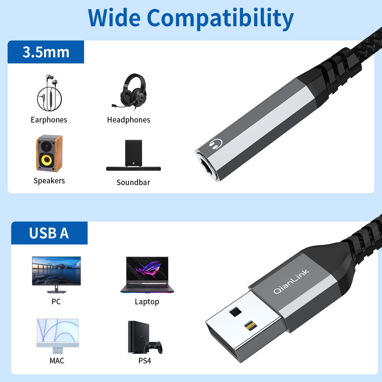 USB to 3.5mm Jack Audio Adapter (2-Pack), USB to Audio Jack Adapter Headset, USB-A to 3.5mm TRRS 4-Pole Mic Female, External Stereo Sound Card for Headphone, Mac, PS4, PS5, PC, Laptop, Desktops