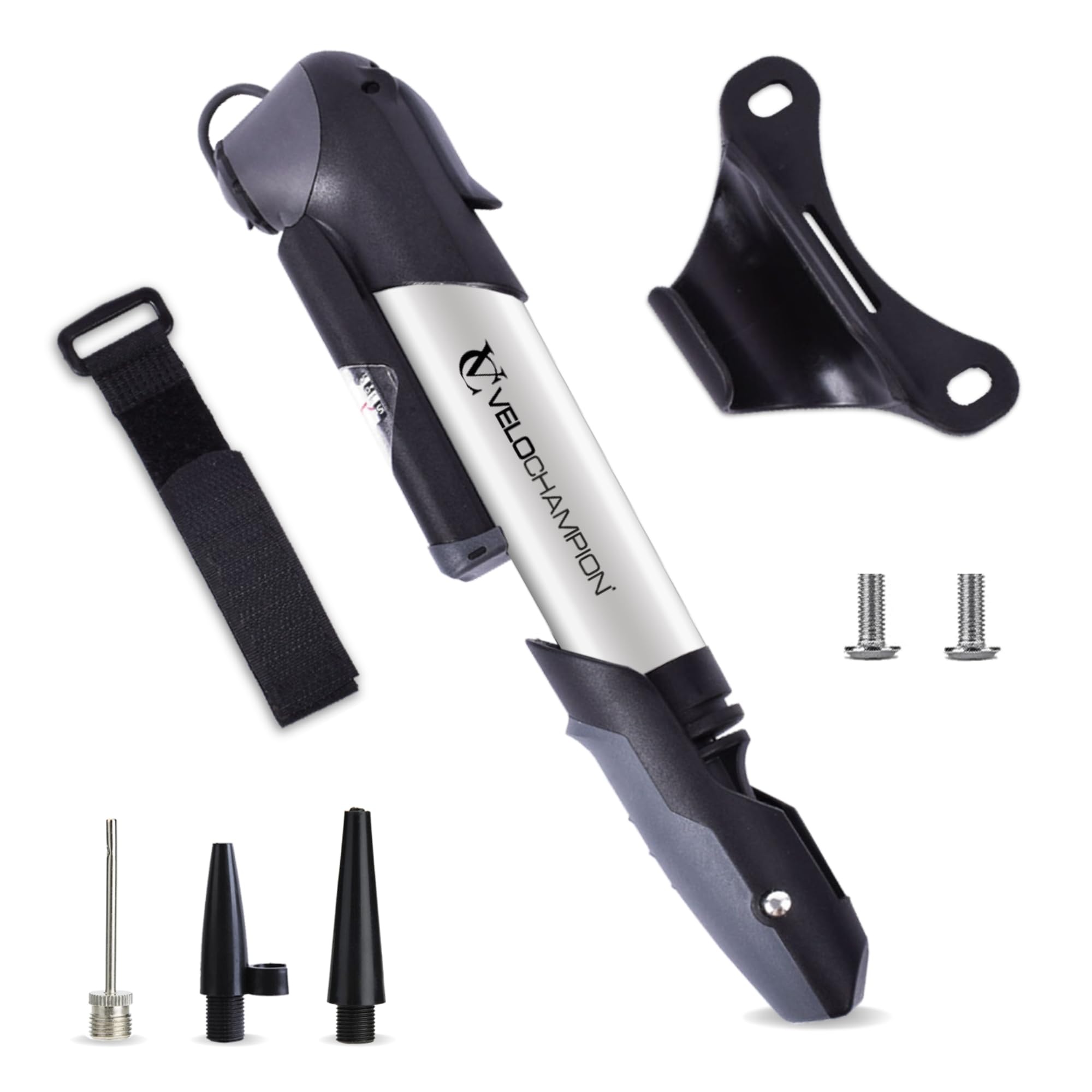 VeloChampion Mini Bike Pump with Frame Mount | Portable Compact Alloy Bicycle Pump with Frame Mount | Presta, Schrader & Dunlop Valves (Alloy 9 Pump)