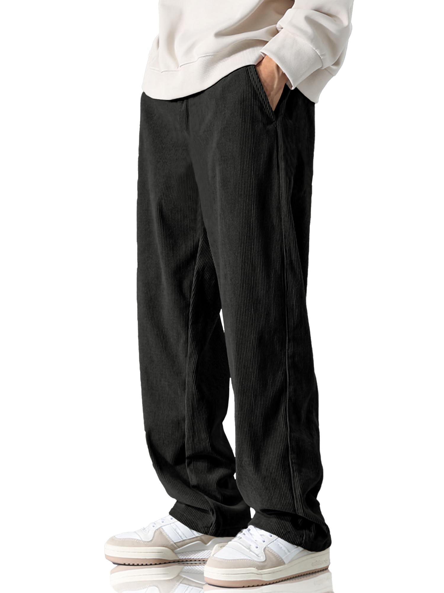 Photo 1 of HOTake Men's Corduroy Pants Casual Wide Leg Vintage Pants Pantalones Baggy Hombre S(32) Black