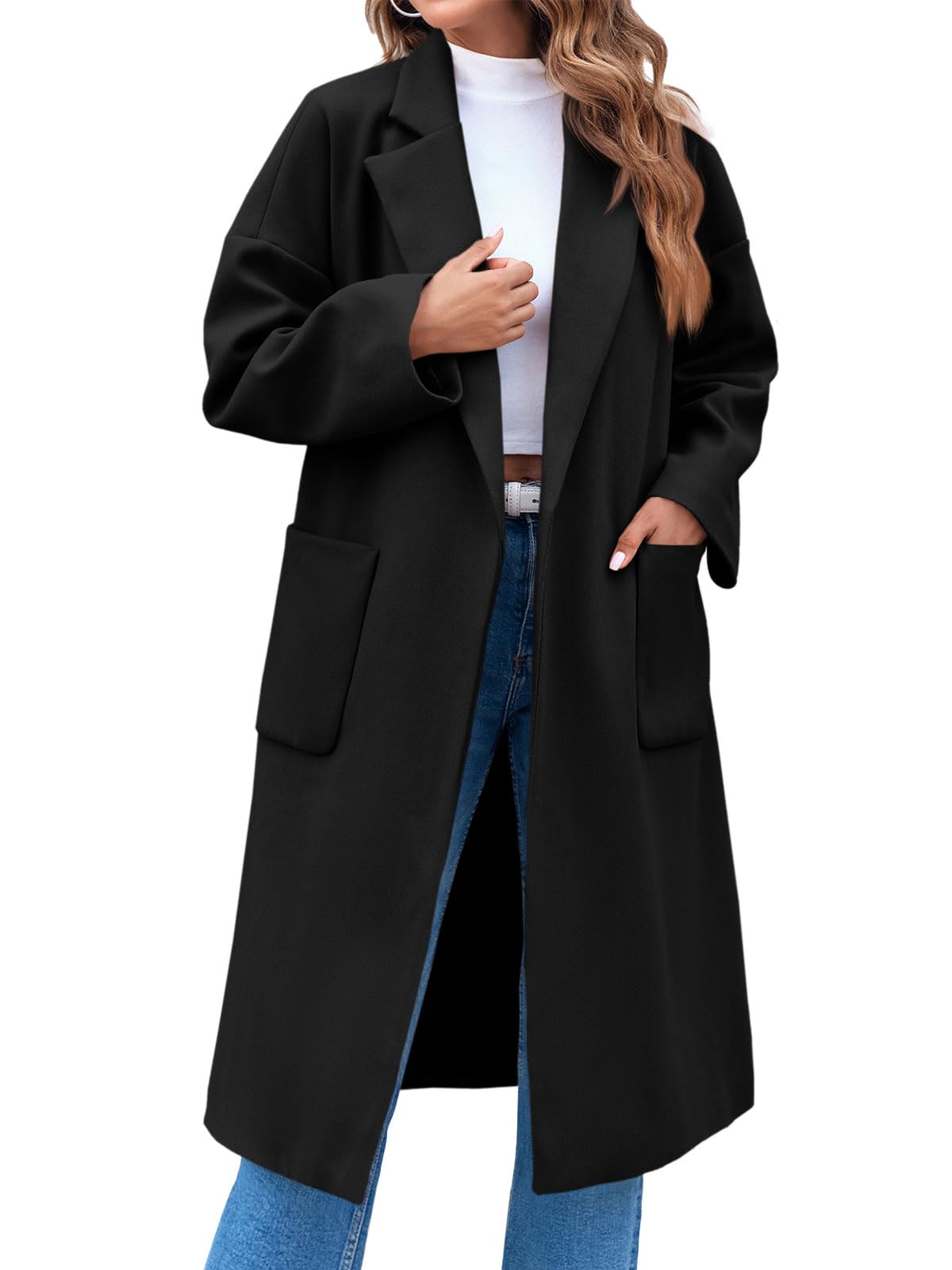 Photo 1 of FSHAOES Womens Lapel Collar Pea Coat Open Front Overcoat Belted Long Jacket Outerwear