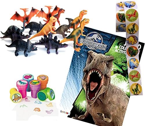 Dinosaur Stocking Stuffers - Dinosaur Figures (12), Jurassic World Coloring Book, Dinosaur Stampers (6), Dinosaur Stickers (100) - Bundle of 4 Dinosaur items