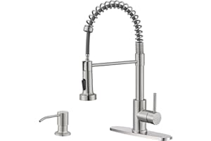 SOEBIZ Kitchen Sink Faucet with Sprayer, Brushed Nickel Commercial 1 or 3 Hole Stainless Steel Kitchen Faucets Single Handle Spring Dual Function for Utility RV Bar Laundry Farmhouse Camper