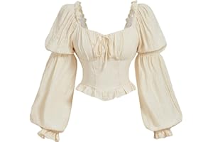 MakeMeChic Women's Renaissance Costume Pirate Corset Tops Puff Long Sleeve Ruched Bust Ruffled Peplum Peasant Blouse