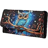 Jolamirel Blue Owl Zipper Coin Purse Card Cases Holder for Women Cartoon Owl Slim Long Wallet Starry Night Bird Art Print Extra Capacity Card Holder, With ID Window