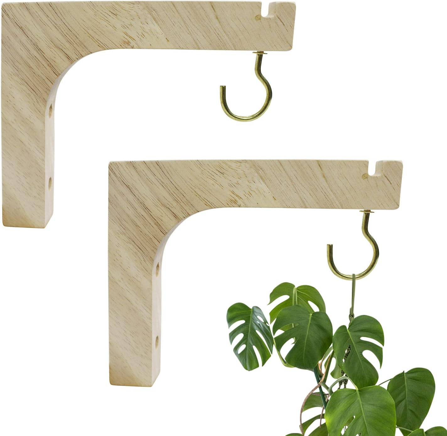 Outdoor Hanging Brackets - Fujinzhu 2 Pack Plant Hanger Hooks, Wall Mounted Plant Hanging Hooks, Wooden Hooks for Hanging Plants for Indoor and Outdoor, Basket Hooks for Planter Lantern Flower Bracket Decoration