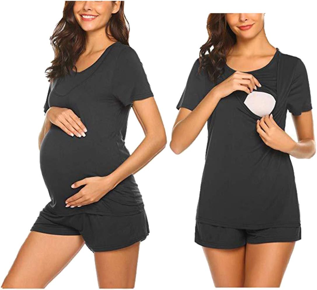 Maternity Nursing Hospital Set Sleepwear Pajamas Pregnancy Clothes Women Summer Breastfeeding Pyjamas Sleepsuits Nightwear Shirt and Shorts Pjs 2 Pieces