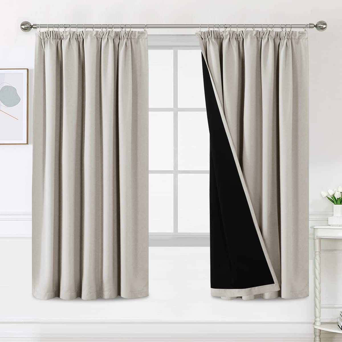 BellaHills 100% Blackout Curtains for Bedroom Thermal Insulated Curtains & Drapes Blackout Curtains Pencil Pleat Curtains for Living Room with Black Liner 2 Panels, 90 x 72 Inch, Pumice Stone